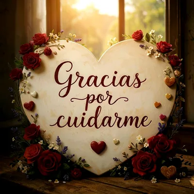 Corazón de madera con rosas rojas y lavanda, texto en central que dice Gracias por cuidarme y detalles de corazones pequeños.