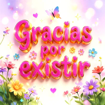 Texto brillante 3D en rosa y dorado que dice Gracias por existir sobre un fondo pastel con flores, mariposas y corazones brillantes.