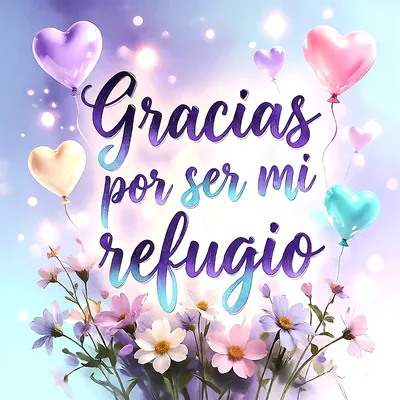 Imagen de agradecimiento con el texto 'Gracias por ser mi refugio'. Globos de corazón pastel y un ramo de flores en tonos lavanda, rosa y blanco. Fondo etéreo con luces bokeh.