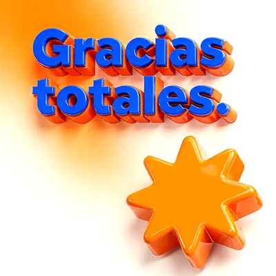 Texto Gracias totales en letras azul brillante con sombra naranja y una estrella dorada sobre fondo blanco y naranja.