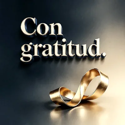 Imagen elegante con texto 3D dorado 'Con gratitud.' sobre un fondo oscuro y brillante. Abajo hay una cinta dorada metálica formando un lazo infinito, con reflejos de luz cálida.