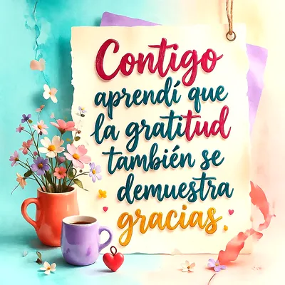 Tarjeta con flores en jarrón naranja, taza morada y texto que dice contigo aprendí que la gratitud también se demuestra gracias.