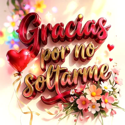 Texto 3D en relieve con letras metálicas rojas y doradas que dice Gracias por no soltarme, decorado con un globo corazón, flores rosas y naranjas y fondo pastel.