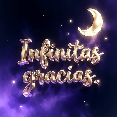 Texto en letras doradas 3D que dice Infinitas gracias sobre fondo estrellado violeta con luna creciente.