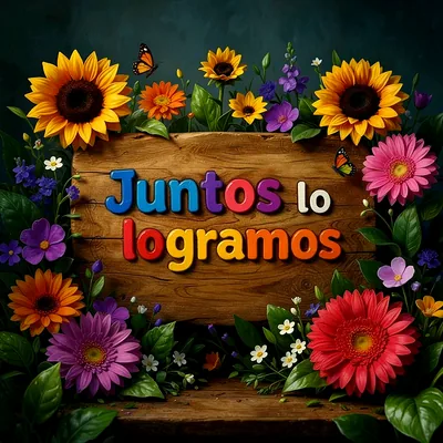 Cartel de madera con letras coloridas que dicen Juntos lo logramos, rodeado de girasoles, margaritas y mariposas en un fondo verde oscuro.