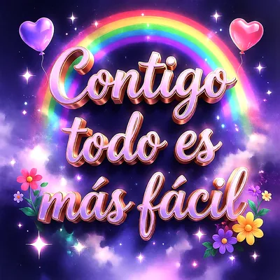 Letras metálicas doradas que dicen Contigo todo es más fácil con un arcoíris, globos y flores en un cielo estrellado.