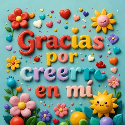 Tarjeta de agradecimiento estilo 3D con textos en rojo, amarillo y rosa sobre fondo azul, decorada con flores, corazones y soles.