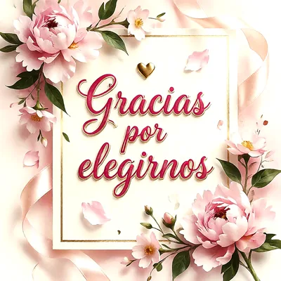 Tarjeta de agradecimiento en tonos pastel con peonías rosadas, hojas verdes y cintas suaves. Presenta un marco dorado con el texto 'Gracias por elegirnos' en letras cursivas rojas y un corazón dorado.
