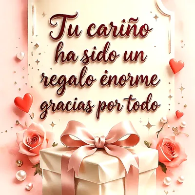 Caja de regalo envuelta en dorado con lazo rosa, rosas rosadas y corazones rojos sobre fondo beige con chispas doradas.