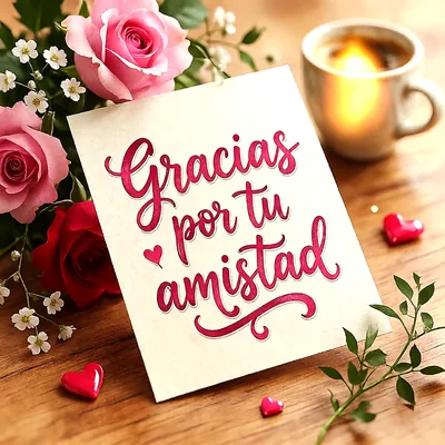 Tarjeta con 'Gracias por tu amistad' en fucsia, rodeada de rosas rosadas y rojas, flores blancas, una taza de café y corazones rojos sobre madera. Transmite gratitud.