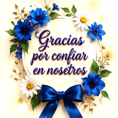 Tarjeta de agradecimiento con la frase 'Gracias por confiar en nosotros'. Diseño floral con flores azules, margaritas blancas, hojas doradas y un moño azul brillante en la parte inferior.