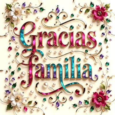 Imagen decorativa con las palabras 'Gracias Familia' en letras 3D de colores vibrantes como fucsia, turquesa y morado, con bordes dorados. Adornada con perlas, joyas de colores y filigranas doradas sobre un fondo crema.