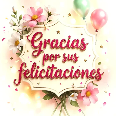 Tarjeta de agradecimiento con texto Gracias por sus felicitaciones decorada con flores rosas y blancas, globos de colores y confeti sobre fondo festivo claro y luminoso.