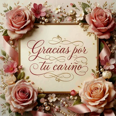 Marco decorativo con flores rosas y blancas, perlas brillantes y cintas de seda, con texto central en letra cursiva que dice Gracias por tu cariño sobre fondo crema.
