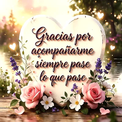 Placa en forma de corazón con texto Gracias por acompañarme siempre pase lo que pase, decorada con rosas rosadas y flores de lavanda sobre madera, fondo cálido y suave.