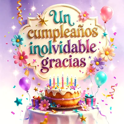 Pastel de cumpleaños con velas encendidas sobre una mesa, decorado con globos de colores, flores y confeti, con el texto central Un cumpleaños inolvidable gracias en letras grandes.
