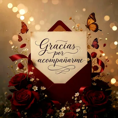 Tarjeta de agradecimiento con sobre granate, rosas rojas intensas, flores blancas pequeñas y mariposas volando sobre un fondo con luces desenfocadas, texto central con la frase Gracias por acompañarme.