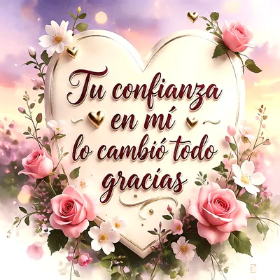 Imagen con forma de corazón que contiene texto de agradecimiento, rodeada de rosas rosadas y flores blancas, fondo de cielo al atardecer, pequeños corazones dorados decorativos.