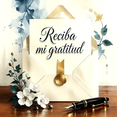 Sobre blanco con sello de lacre dorado, tarjeta que dice Reciba mi gratitud, decorada con flores blancas y una pluma estilográfica sobre mesa de madera.