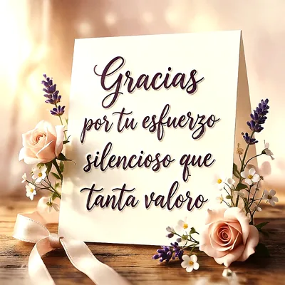 Tarjeta de agradecimiento sobre mesa de madera decorada con rosas claras y flores de lavanda, texto escrito en cursiva que dice Gracias por tu esfuerzo silencioso que tanto valoro