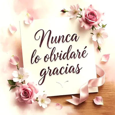 Tarjeta blanca con el texto Nunca lo olvidaré gracias, decorada con flores rosas, pétalos sueltos y una cinta rosada sobre fondo claro.
