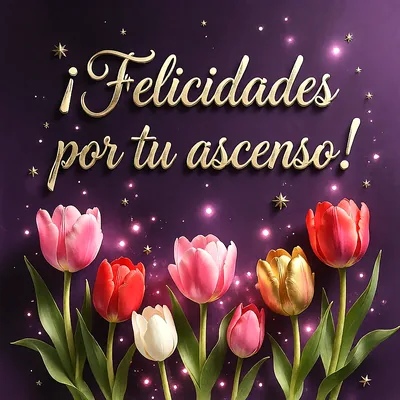 Tulipanes de colores rosa, rojo, amarillo y blanco sobre un fondo morado con estrellas doradas y un mensaje de felicitación en letras doradas.