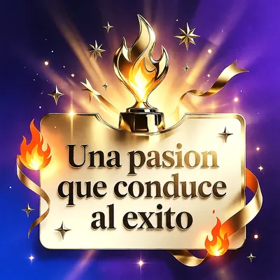 Placa dorada con mensaje de felicitación en letras oscuras, coronada por un trofeo con forma de llama dorada sobre un fondo morado con estrellas.