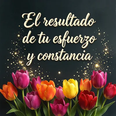 Tulipanes de colores rosa, amarillo y naranja sobre fondo negro con destellos dorados y un mensaje de felicitación en letras doradas.