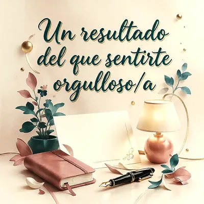 Escritorio organizado con libreta, pluma estilográfica, lámpara pequeña y planta, con un mensaje de felicitación en letras oscuras sobre fondo claro de colores suaves.
