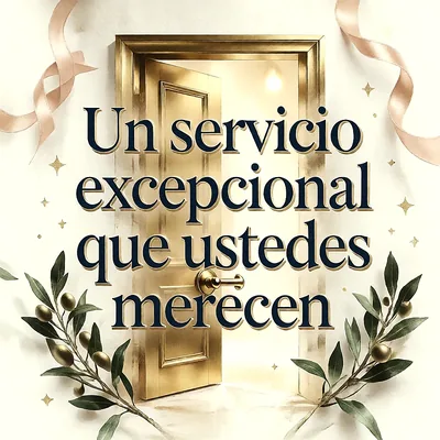 Puerta dorada abierta con luz brillante, ramas de olivo, cintas decorativas y un mensaje de felicitación en letras oscuras.