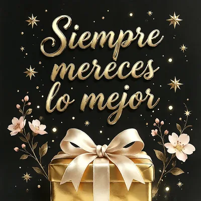 Caja de regalo dorada con lazo elegante sobre fondo negro, decorada con estrellas brillantes y flores delicadas, mensaje de felicitación en letras doradas.