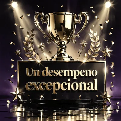 Trofeo dorado brillante sobre un podio negro, decorado con hojas de laurel, estrellas y confeti con un mensaje de felicitación en letras doradas.