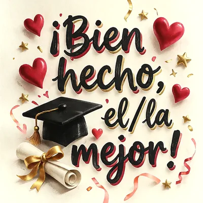 Imagen de graduación con un birrete negro, un diploma enrollado con lazo dorado, corazones rojos, estrellas y mensaje de felicitación.