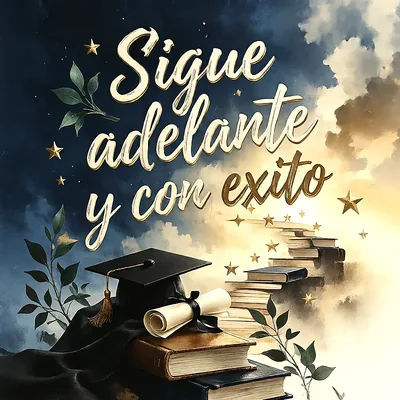 Birrete negro de graduación sobre libros y diploma enrollado, escalera de libros hacia el cielo con estrellas y mensaje de felicitación en letras doradas.