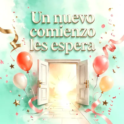 Puerta blanca abierta hacia la luz con globos, estrellas doradas, confeti y mensaje de felicitación en letras doradas sobre fondo verde agua.