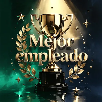 Trofeo dorado sobre peana negra rodeado de hojas de laurel, estrellas brillantes y fondo verde oscuro con mensaje de felicitación en letras doradas.