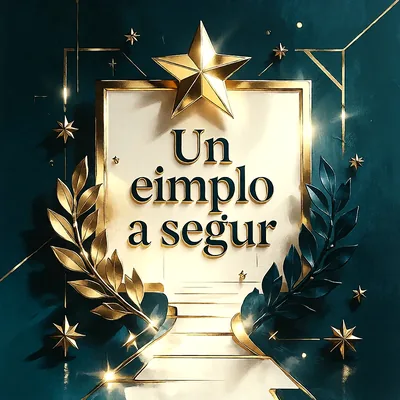 Marco blanco con estrella dorada arriba, ramas de laurel y pequeñas estrellas sobre fondo verde oscuro con mensaje de felicitación.
