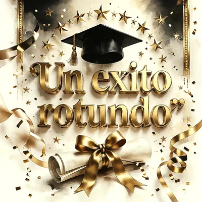 Birrete de graduación negro sobre diploma enrollado con lazo dorado, decorado con estrellas y confeti brillante, mensaje de felicitación en letras doradas sobre fondo elegante claro.