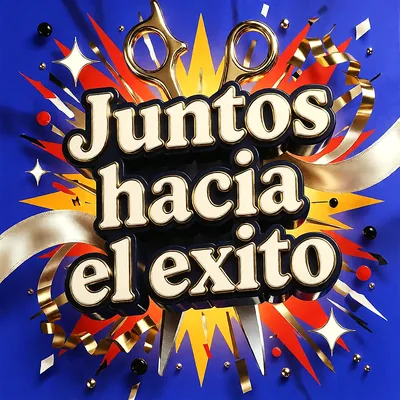 Tijeras doradas de inauguración sobre fondo azul con destellos amarillos y rojos, cintas de regalo y confeti brillante.