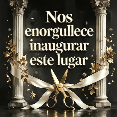 Tijeras doradas cortando una cinta blanca entre dos columnas clásicas, decorado con hojas doradas y destellos sobre un fondo oscuro, mensaje de felicitación en letras doradas.