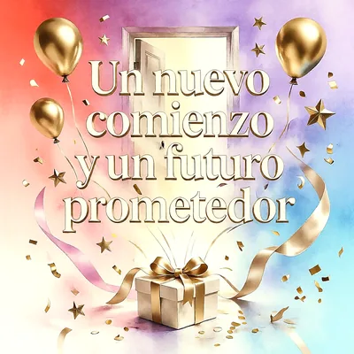 Puerta abierta luminosa con globos dorados, confeti y caja de regalo, acompañada de un mensaje de felicitación en letras doradas.