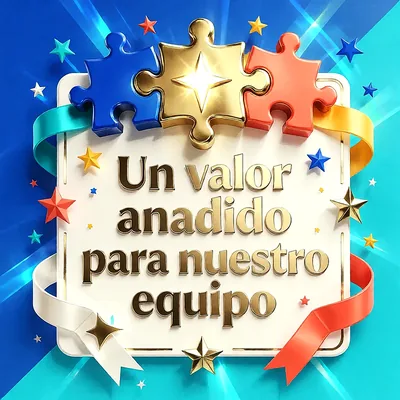 Piezas de rompecabezas de colores azul, dorado y rojo sobre un marco blanco rodeado de cintas y estrellas doradas.