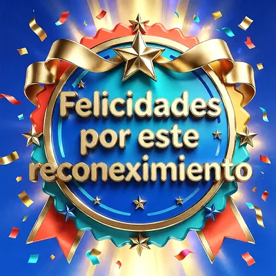 Medalla tridimensional en tonos azul y rojo con detalles dorados, estrellas brillantes y confeti de colores sobre fondo azul con destellos de luz.