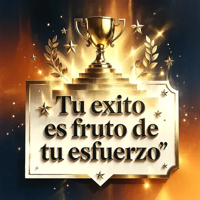 Trofeo dorado brillante sobre pedestal con ramas de laurel y estrellas decorativas sobre fondo oscuro, con un mensaje de felicitación en letras oscuras.