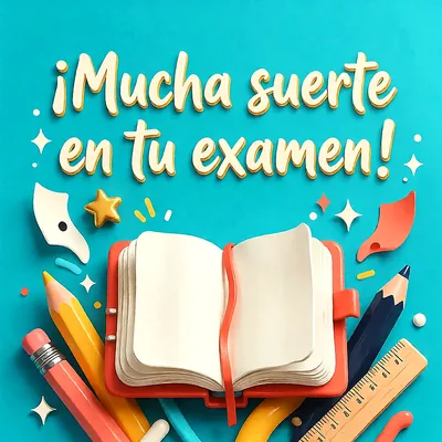 Libreta abierta rodeada de lápices de colores, regla y estrellas sobre fondo azul turquesa con mensaje de ánimo en letras blancas.