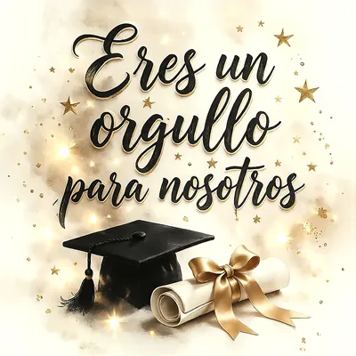 Birrete de graduación negro con moño y diploma con lazo dorado, estrellas brillantes y fondo blanco.