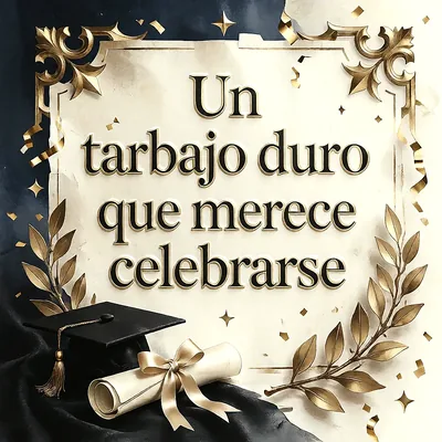 Birrete negro con borla dorada, diploma enrollado con lazo, hojas doradas y marco elegante con mensaje de felicitación en letras oscuras.