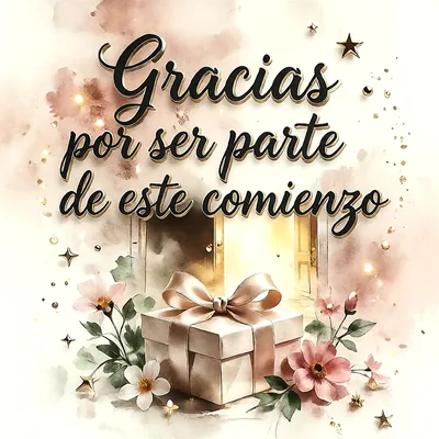 Caja de regalo beige con lazo, flores rosadas y puertas abiertas iluminadas de fondo con estrellas doradas y mensaje de felicitación.