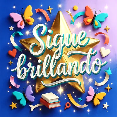Estrella dorada grande con mariposas de colores, libros y corazones sobre fondo azul, con un mensaje de felicitación en letras blancas y celestes.