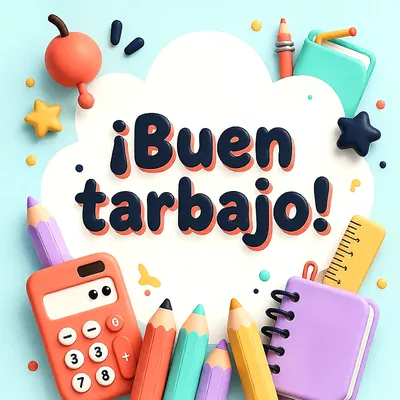 Útiles escolares en 3D como calculadora, lápices de colores, regla y libreta sobre fondo azul con un mensaje de felicitación en letras oscuras.